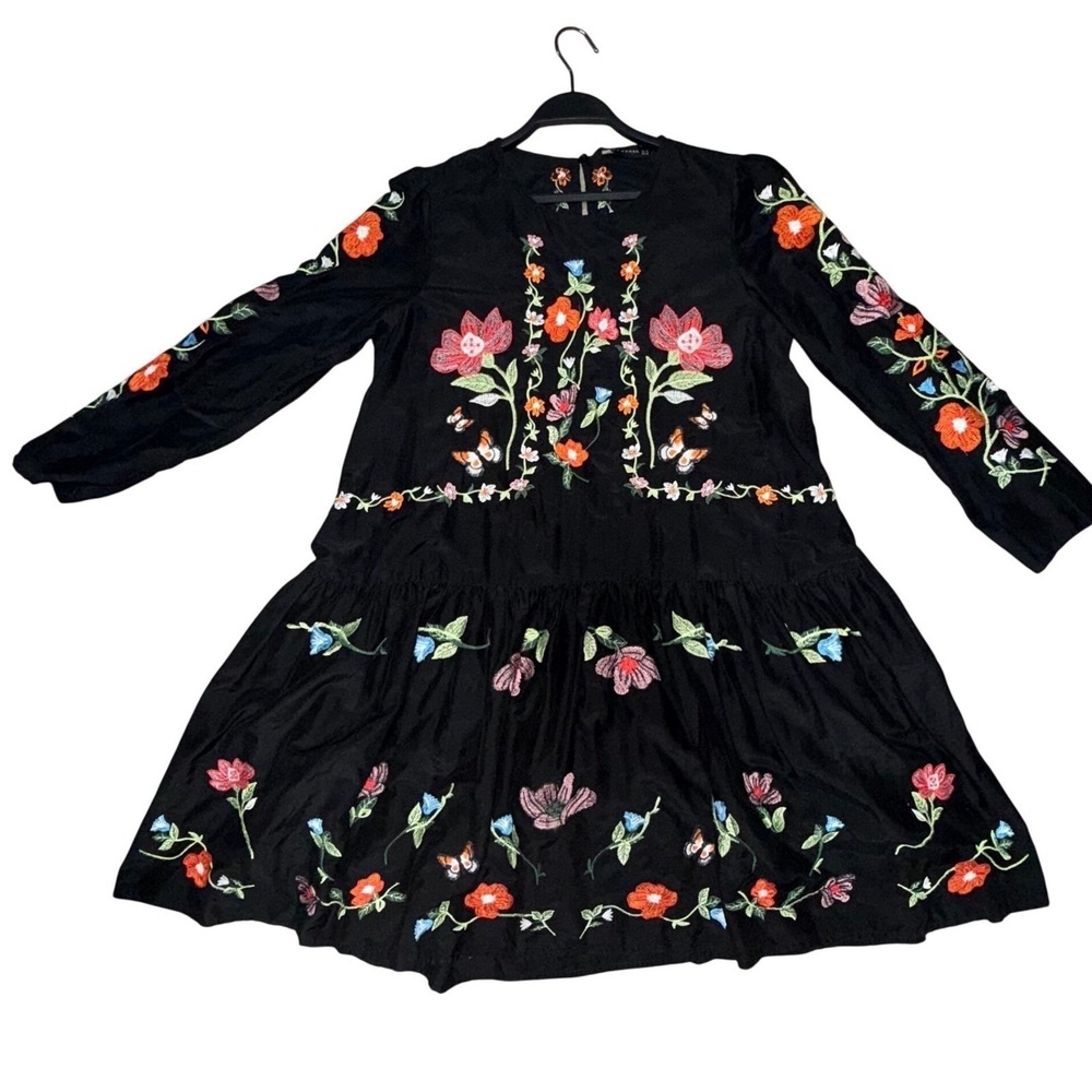 Black Embroidered Floral Butterfly Dress Size S Boho Festival Country Prairie - Picture 5 of 8